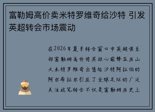富勒姆高价卖米特罗维奇给沙特 引发英超转会市场震动